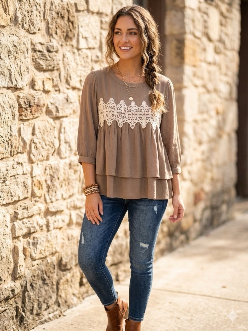 Umgee Taupe Layered Blouse with Cream Crochet Yoke